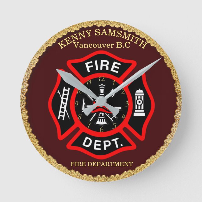 Horloge Ronde Service D'Incendie Badge Noir Et Rouge 4 (Recto)