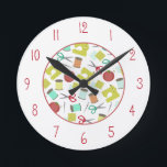 Horloge Ronde Sewing Themed Clock<br><div class="desc">A clock featuring a sewing themed design consis ting of illustrations of pin cushions,  sewing machines,  sewing needles,  fabric swatches,  scissors,  and spools of thread.  Numerals are gray</div>