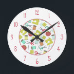 Horloge Ronde Sewing Themed Clock<br><div class="desc">A clock featuring a sewing themed design consis ting of illustrations of pin cushions, sewing machines, sewing needles, fabric swatches, scissors, and spools of thread. Numerals are gray</div>