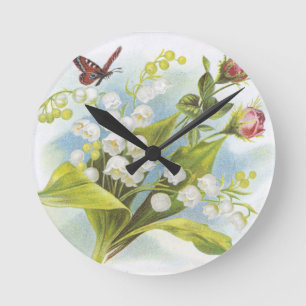 Horloge Ronde Shabby Chic Butterfly, Roses & Lily de la Vallée
