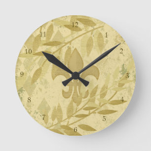 Horloge Ronde Shabby Elegant Vintage Gold Chevron Feuilles