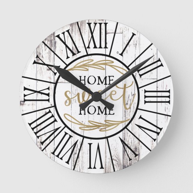 Horloge Ronde Shabby White Wood Country Farmhouse Home Sweet (Recto)