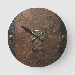 Horloge Ronde Shamrock d'or St.Patrick`s Day, Cuir Brown