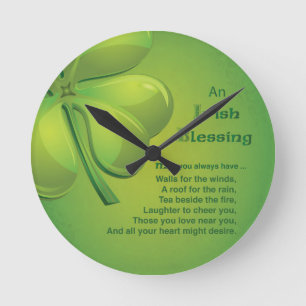Horloge Ronde Shamrock vert d'Irlande Blessings
