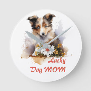 Horloge Ronde Shetland Sheepdog Chiot Pet Aquarelle