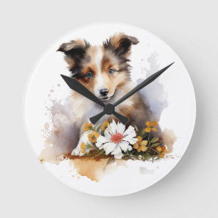 Horloge Ronde Shetland Sheepdog Chiot Pet Aquarelle