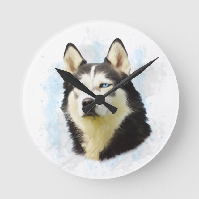 Horloge Ronde Sibérie Husky Dog Eau Couleur Art Peinture (Recto)
