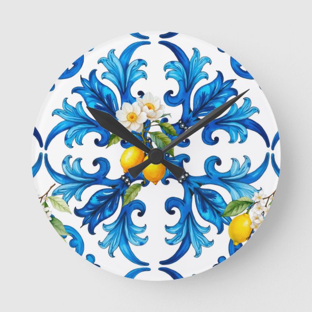 Horloge Ronde sicilien, été, citron, mosaïque, bleu, foulard, (Recto)