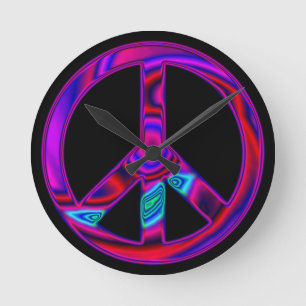 Horloge Ronde Signe de paix psychédélique noir