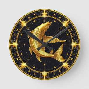 Horloge Ronde Signe du zodiaque Poissons dorés entouré d'étoiles