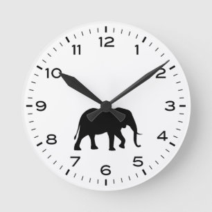 Horloge Ronde Silhouette africaine Eléphant noir et blanc
