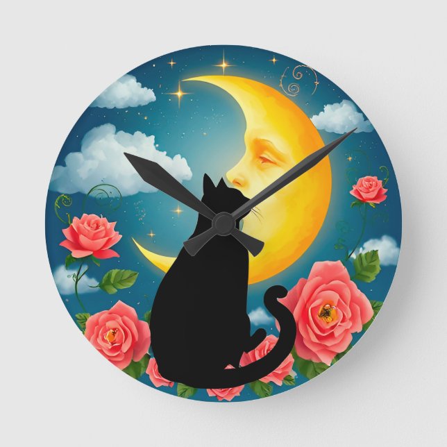 Horloge Ronde Silhouette de chat assis devant la lune (Recto)