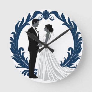 Horloge Ronde Silhouette de couple de mariés se tenant la main