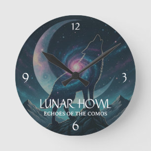 Horloge Ronde Silhouette de loup galactique avec lune de nébuleu