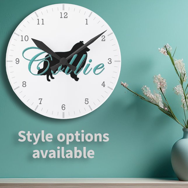 Horloge Ronde Silhouette de Rough Collie Texte Script Teal (Rough Collie Silhouette Teal Script Text Round Clock with available style options)