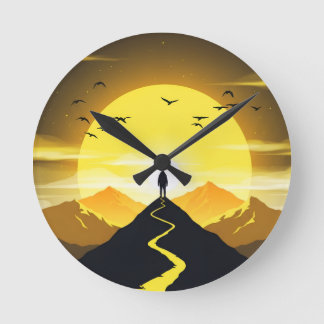 Horloge Ronde Silhouette de sommet de montagne avec un piédestal