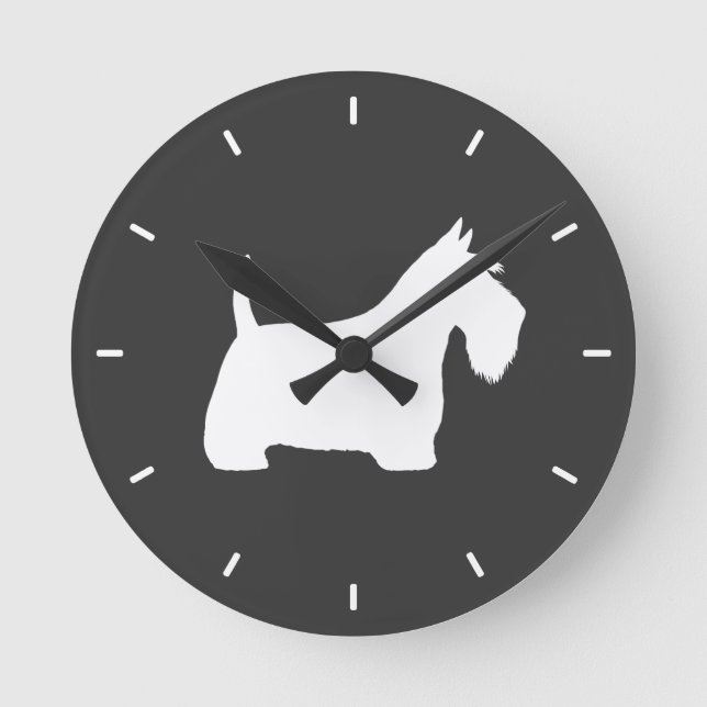 Horloge Ronde Silhouette de Terrier Écossais Blanc (Recto)
