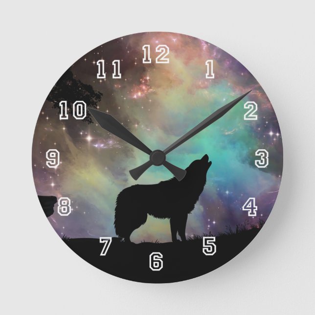 Horloge Ronde Silhouette d'hurlement de loup avec les lumières (Recto)