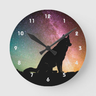 Horloge Ronde Silhouette Wolf Avec Lumières Du Nord
