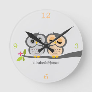 Horloge Ronde Silver and Gray Owl Couple