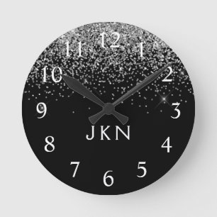 Horloge Ronde Silver Black Glitter Monogram Girly Name Initials