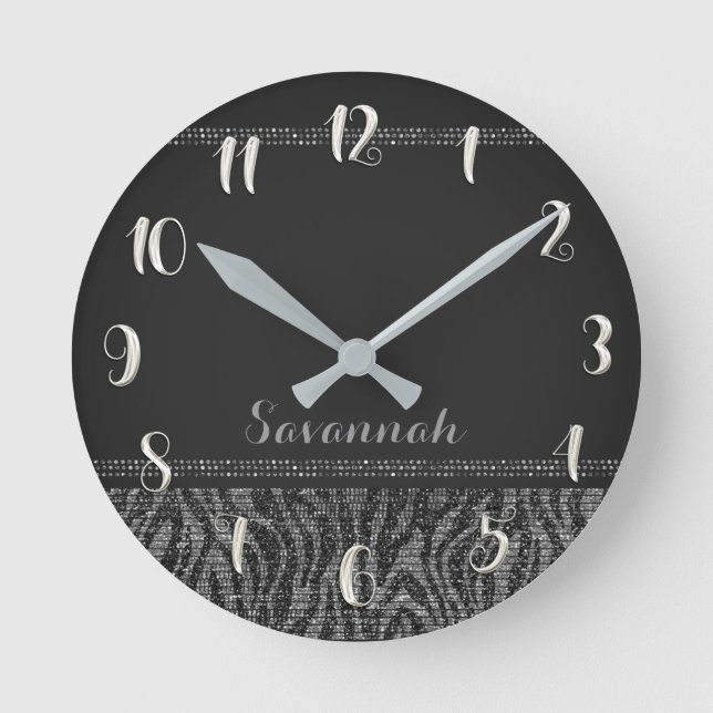 Horloge Ronde Silver Black Zebra Print Glam Sequins Glitter (Recto)