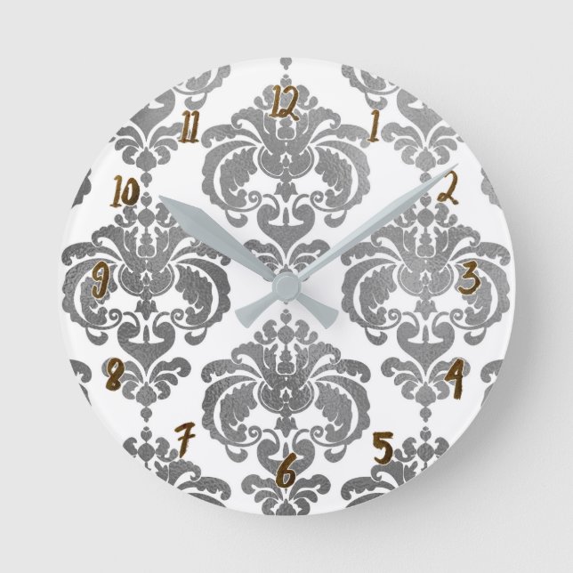 Horloge Ronde Silver & blanc Damask Glam Moderne Personnalisé (Recto)