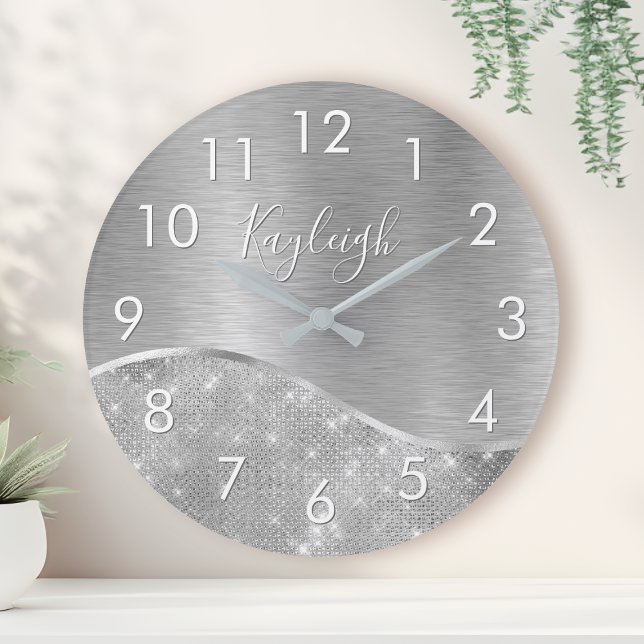 Horloge Ronde Silver Glitter Glam Bling Personalized (Créateur téléchargé)