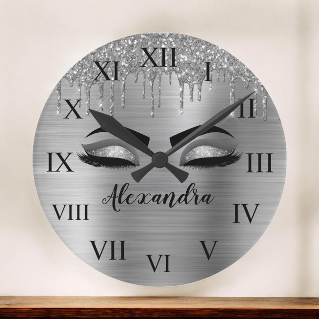 Horloge Ronde Silver Glitter Sparkle Eyelashes Monogram (Créateur téléchargé)
