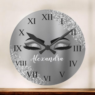Horloge Ronde Silver Glitter Sparkle Eyelashes Monogram Name