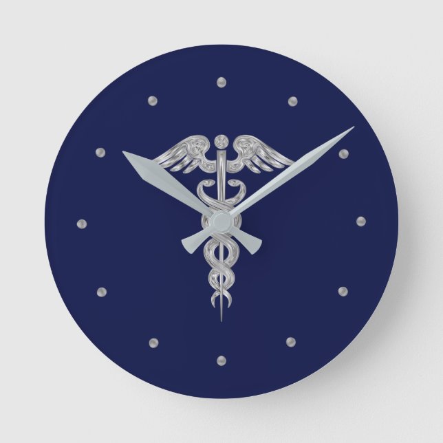 Horloge Ronde Silver Grey Caduceus sur la Marine Blue Round Horl (Recto)
