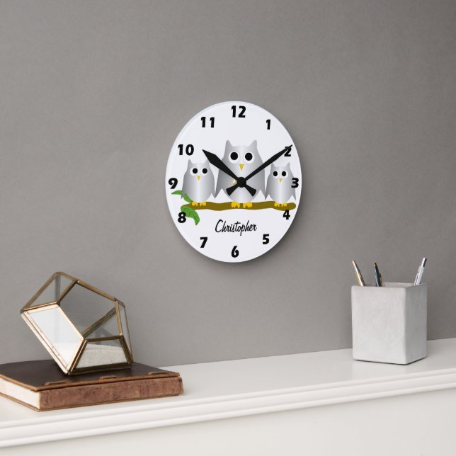 Horloge Ronde Silver Owls Design Personalised (Bureau)