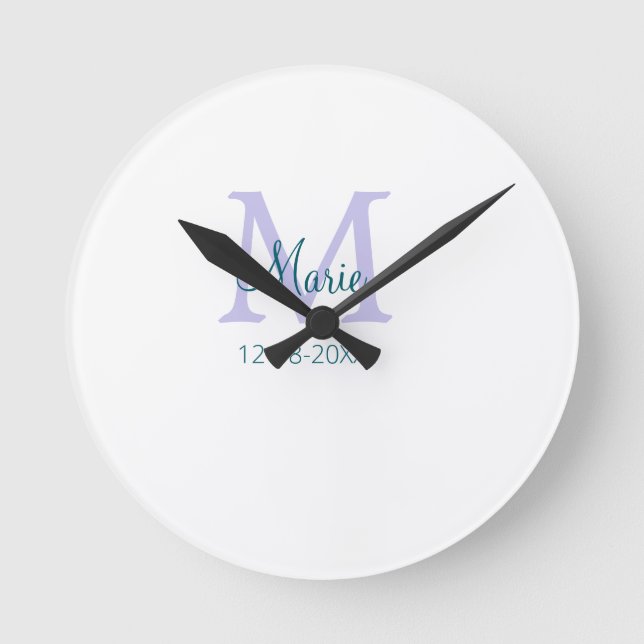 Horloge Ronde simple minimum ajouter nom monogramme violet vert  (Recto)