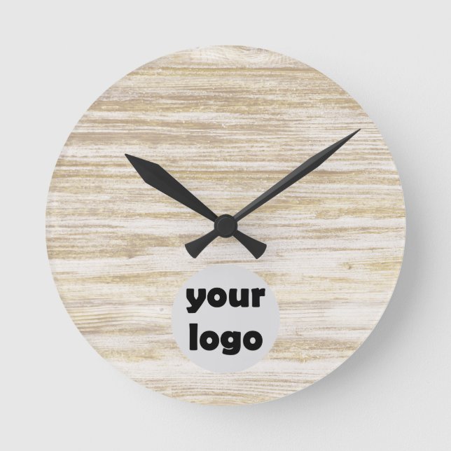 Horloge Ronde Simple rustique Bois beige naturel avec logo (Recto)