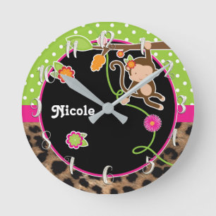 Horloge Ronde Singe & Fleurs Rose Vert Safari Chic Personnalisé