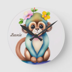 Horloge Ronde singe mignon, peinture à l'aquarelle