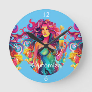 Horloge Ronde Sirène Arc-En-Ciel Avec Cocktail