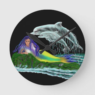 Horloge Ronde Sirène avec dauphins