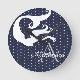 Horloge Ronde Sirène personnalisée White Navy bleu monogrammée