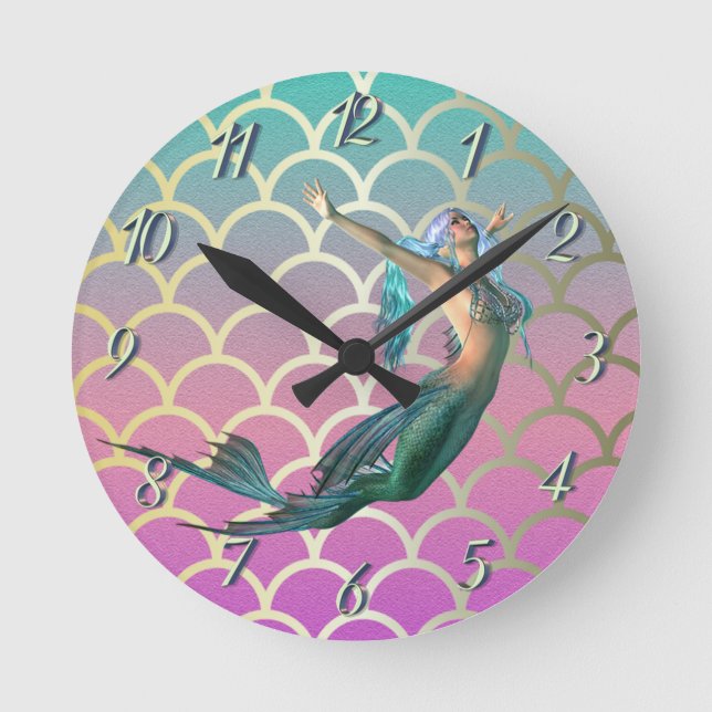Horloge Ronde Sirène sur écailles de queue de sirène ombrées (Recto)