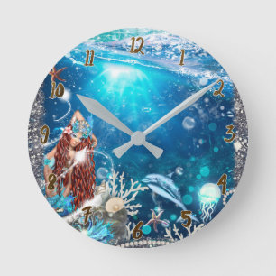 Horloge Ronde Sirène Tête Rouge Fantaisie Sous la Mer Personnali