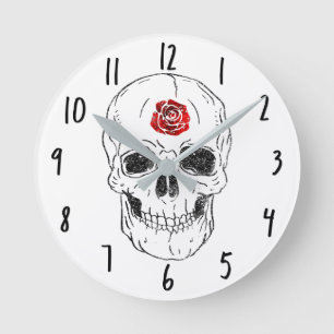 Horloge Ronde Skeleton Skull Bones Black & Red Rose Glitter