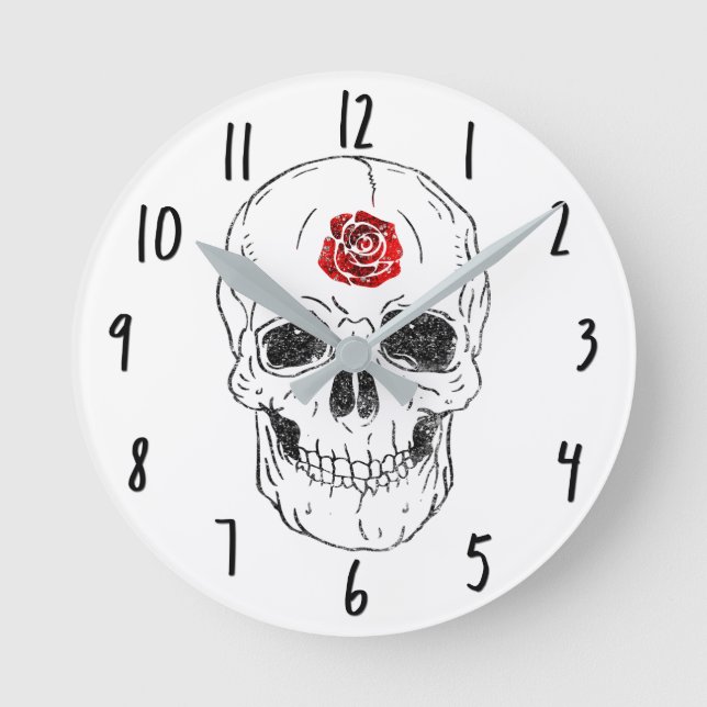 Horloge Ronde Skeleton Skull Bones Black & Red Rose Glitter (Recto)