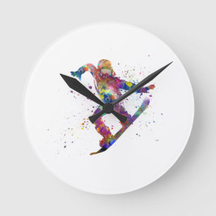 Horloge Ronde Snowboard en aquarelle