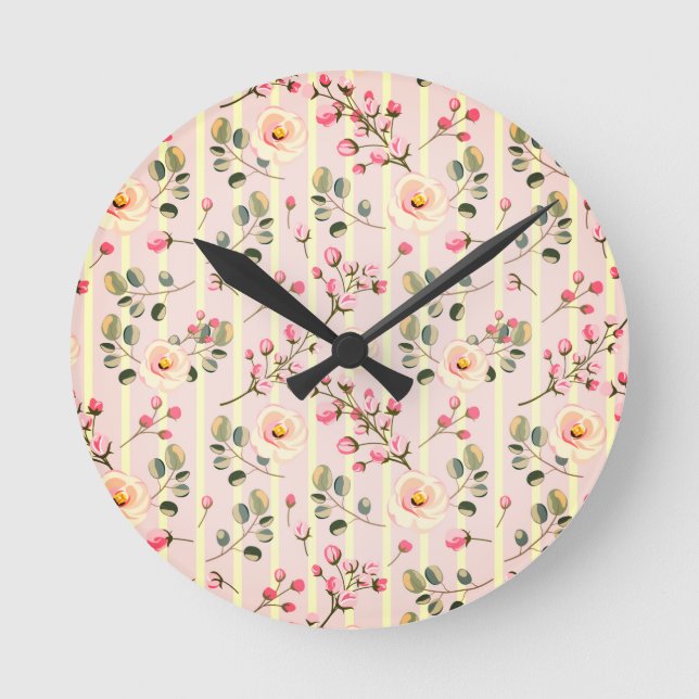Horloge Ronde Soft Pink Floral Stripe Pattern (Recto)
