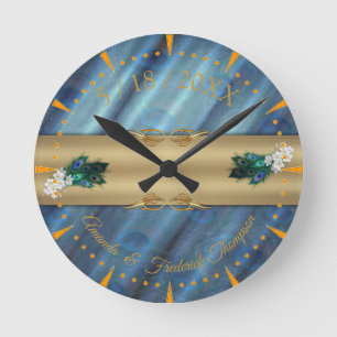 Horloge Ronde Soie bleu-vert métallique - Plumes de Peacocks or