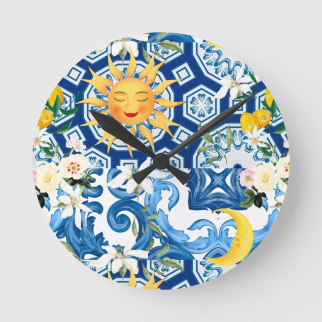 Horloge Ronde soleil méditerranéen, fleurs, citron, moitié lune, (Recto)