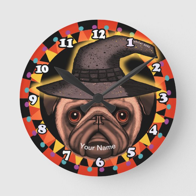 Horloge Ronde Sorcière Pug  (Recto)