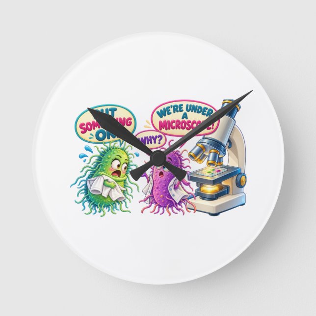 Horloge Ronde Sous un microscope – Drôles de bactéries de microb (Recto)