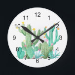 Horloge Ronde Southwest Cactus Cacti Watercolor Pretty Succulent<br><div class="desc">This design created though digital art. It may be personalized in the area provide or customizing by choosing the click to customize further option and changing the name, initials or words. Donc, change le texte color and style or delete the text for an image only design. Contact me at colorflowcreations@gmail.com...</div>